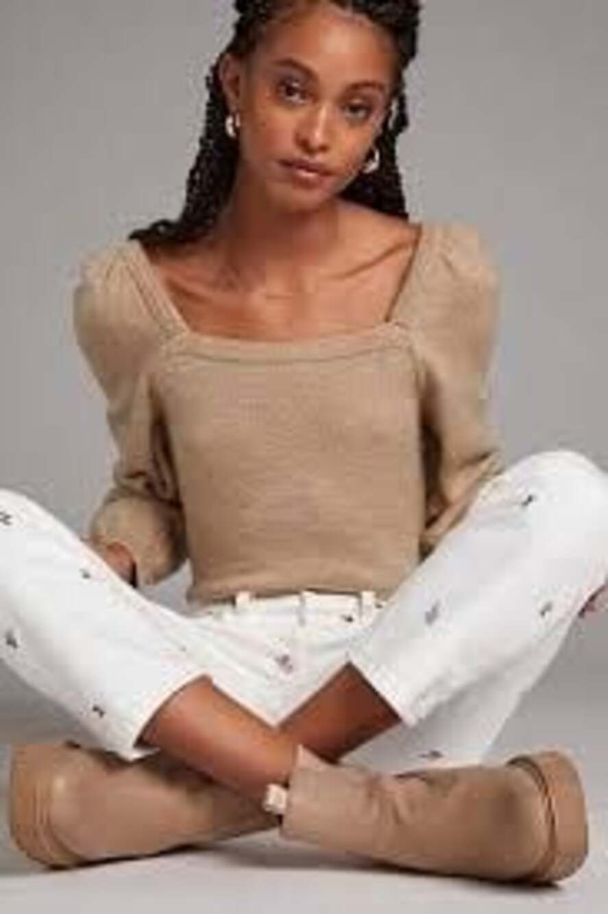 Anthropologie Square Neck Puff Balloon Sleeve Knit Sweater in Dark Beige